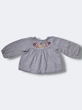 Peek Girls Top 12–18M Gray Embroidered Muslin Cotton Long Sleeve Bohemian